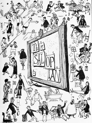 The front cover of a copy of The Salopian from around the mid-1950s featuring cartoons and caricatures done by Willie Rushton. 