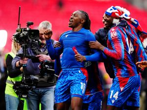 Crystal Palace’s Eberechi Eze (centre) and Jean-Philippe Mateta celebrate