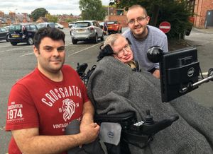 From left, David Newbold, Professor Stephen Hawking, and Habib Malik-Mansell