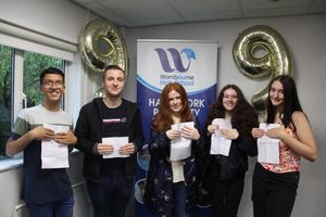 Kai Williams, Alexander Grindley, Lillie Perry, Daisy Fisher and Caitlin McTighe show joy and relief after getting their results at Wombourne High School