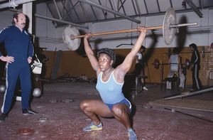 Javelin thrower and future Olympic Gold medalist Tessa Sanderson undergoes training in preparation for the European and Commonwealth games on 1st May 1978 at a gym in Wolverhampton, United Kingdom.(Photo by Tony Duffy/Getty Images)

