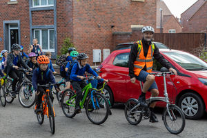 Children from Lawley Primary School taking part in the town's first 'bike bus'. Photo: Telford & Wrekin Council