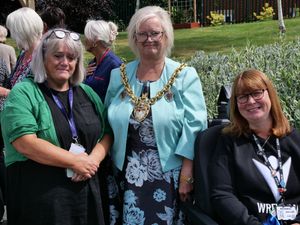 (L-R) Jane Humphreys - Manager at Chirk Court, Wrexham Mayor - Cllr Tina Mannering, Kerry Evans - Disability Liaison Officer, Wrexham AFC.