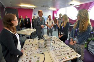 HRH Prince Edward chats to students and staff (L-R) Chloe Stevens, 16, David Hughes, Hannah Randall, Chloe Attley, 16, and Abigail Cattell, 16