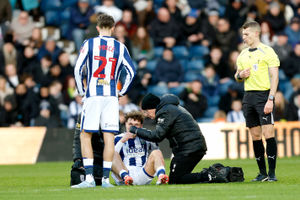 Callum Styles received lengthy treatment for a nose injury following Mehmeti's elbow. (Photo by Adam Fradgley/West Bromwich Albion FC via Getty Images)
