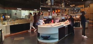 Bright and colourful, the interior around the food area is very welcoming