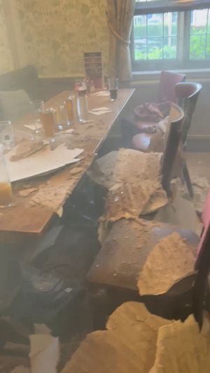 The collapsed ceiling of a Toby Carvery in Brockworth, Gloucester.