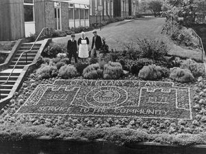 May 22, 1971. The floral display in the grounds of Dudley Guest Hospital, designed by the hospital group gardening superintendent, Mr Alan Hanslip, which has been made to mark the centenary of the hospital. The display, which contains about 10,000 plants, took six men a day and a half to lay out. The display depicts the hospital's opening in 1871 and its growth to the present day.
