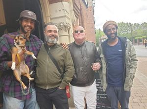 From left, The Pagans S.O.H. frontman Marcus Lesycsyznski-Hall, their manager Kirk Whitehouse, Shaun Ryder, and Elbow's Pete Turner   Photo: Georgina Robinson