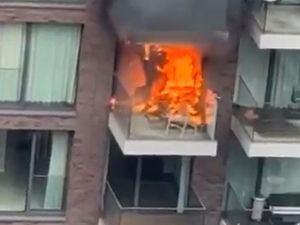Screen grab of video taken with permission from the X account @samcrazyguy courtesy of Khaja Naseer of a fire in a block of flats on Leman Street in Aldgate, east London