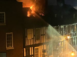 Supporting image for story: Fresh pictures show major blaze at historic Shrewsbury town centre building