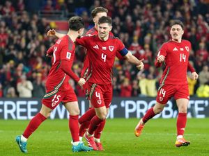 Wales captain Ben Davies (centre) celebrates after scoring