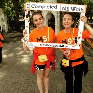 Emily and Jessica Labhart (left to right), completing the 20km MS Walk across London in 2015 - to raise money for MS Society UK and to mark 10 years since losing their dad.
