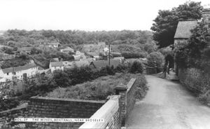 Looking across from Broseley Wood to The Mines, Benthall. Undated, but appears to be 1960s. From a postcard loaned by collector Ray Farlow.