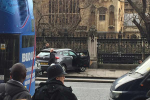 A car crashed front-end into barriers on Bridge Street outside Parliament