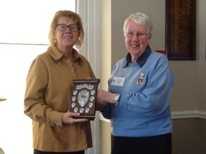 Ann Peters with the Seniors Championship Shield, presented by Sue Pidgeon, an honorary life member of the Shropshire Ladies County Golf Association