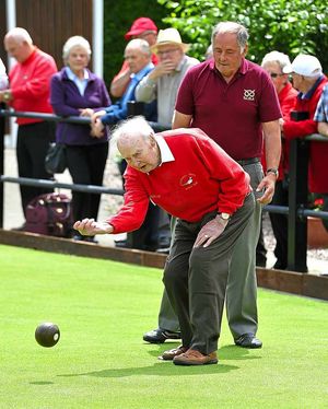 Cyril takes to the green for a few ends with Terry Wood.