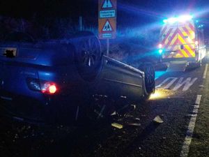 An overturned car in Eccleshall. Pic: @wmasshaunlooker