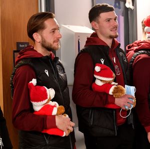 Walsall FC players visit Walsall Manor Hospital.Charlie Lakin and Connor Barrett have teddies at the ready.