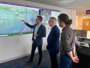 VivaCity show West Midlands Mayor Richard Parker (centre) and Road Safety Commissioner Mat MacDonald how the AI powered sensors work. PIC: Gurdip Thandi LDR