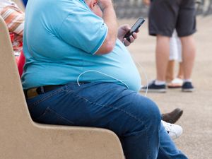 An obese man sitting on a bench