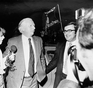 Employment Secretary James Prior arrives at the Charlton Arms Hotel, Wellington, on the evening of February 6, 1981, where he was greeted by a protest outside by about 500 demonstrators. The previous day, February 5, 1981, GKN Sankey had announced 989 redundancies at its Hadley Castle plant and union leaders had called for a mass demonstration.
