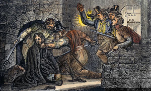 The death of Robert Catesby after the Gunpowder Plot conspirators' last stand against the royal authorities at Holbeche House. A wood engraving from an 1832 American edition of John Foxe's 'Book of Martyrs.'