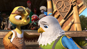 Goldbeak: Ratchet (voiced by Rachell Marie Hofstetter aka Valkyrae) and Goldbeak (David Henrie)