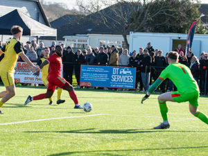Harry Bower takes aim for Whitchurch Alport. (Image by Liam Pritchard)