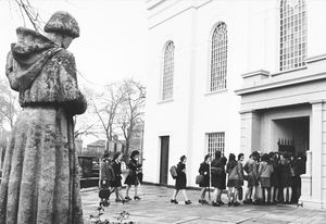 Pupils from Bilston Girls High School file into St Leonard's Church, Bilston, for a service in the 1970s.