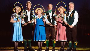 Beryl MacGinley, Geoff Kerrison, Caroline Barton, Graydon Radford, Lynne Bates and Richard Brett of Shrewsbury Morris Dancers