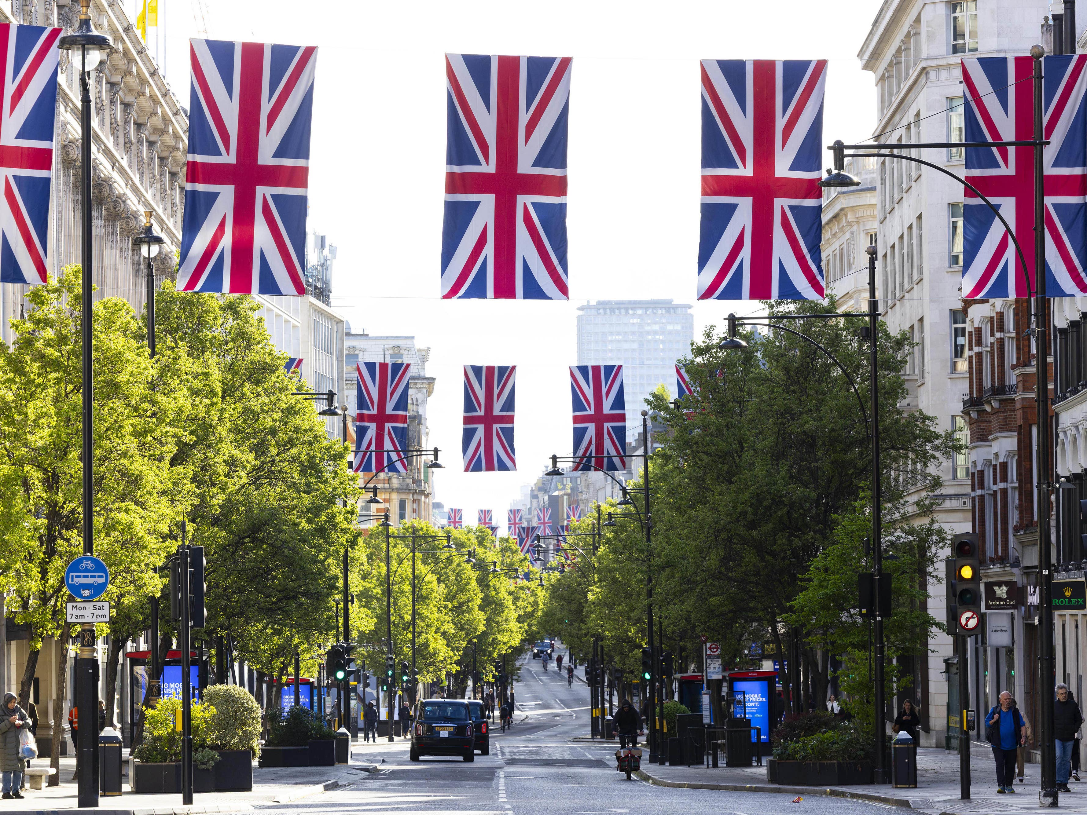 Union flags over a city street