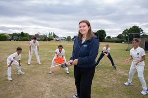 Georgia Thomas of Anwyl Homes at Shrewsbury Cricket Club with coach James Wojda and players Dexter, Sophia, Rafferty and Rueuben.