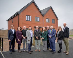 (Left –Right, Milan Pavlovic Founding Partner of Kettel Homes, Gemma and Darren Cornovii Development customers, Harpreet Rayet Managing Director at Cornovii Developments Ltd, Ian Cornovii customer, Julia Buckley MP for Shrewsbury, Jeremy Blandford Deputy Portfolio Holder for Housing and Leisure at Shropshire Council, James Owen Portfolio Holder for Housing and Leisure at Shropshire Council, Victoria Harrold Sales & Aftercare Assistant Manager at Cornovii Developments Ltd and Trevor Stunden, CEO & Founding Partner of Kettel Homes)