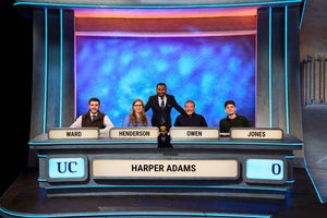 Harper Adams University has become the first agricultural university to compete in the BBC's University Challenge. Left to right: Harper Adams students Alastair Ward, Rachael Henderson, John Owen, and Will Jones with presenter Amol Rajan (back)