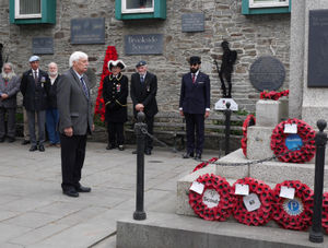 Mike Hiles representing the RAFA pays his respects to the war dead at the cenotaph in Knighton. Image: Karen Compton