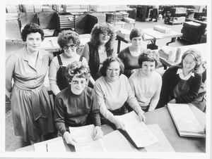 Part of the staff of Kenrick & Jefferson, specialist printers of High Street, West Bromwich, pictured in July 1980. These ladies were responsible for checking parts of a cheque book before its final binding