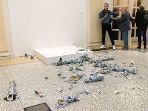 Supporting image for story: Man smashes Ai Weiwei sculpture at exhibition opening in Italy