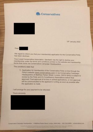A Conservative party membership rejection letter from an Asian individual sourced by the Local Democracy Reporting Service. Copyright Rhi Storer.
