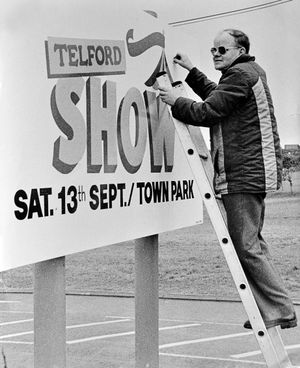Telford Super Saturday was superseded by Telford Show. Here Telford Society volunteer John Saunders puts the finishing touches to one of the signs for the 1986 show.