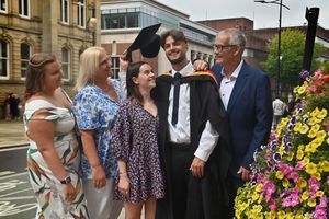 Dylan Roberts 27 from Burntwood is graduating! Here he is with: sister: Danni Roberts, Mom: Marie Roberts, partner: Ashleigh Hallam and Dad: Nick Roberts.