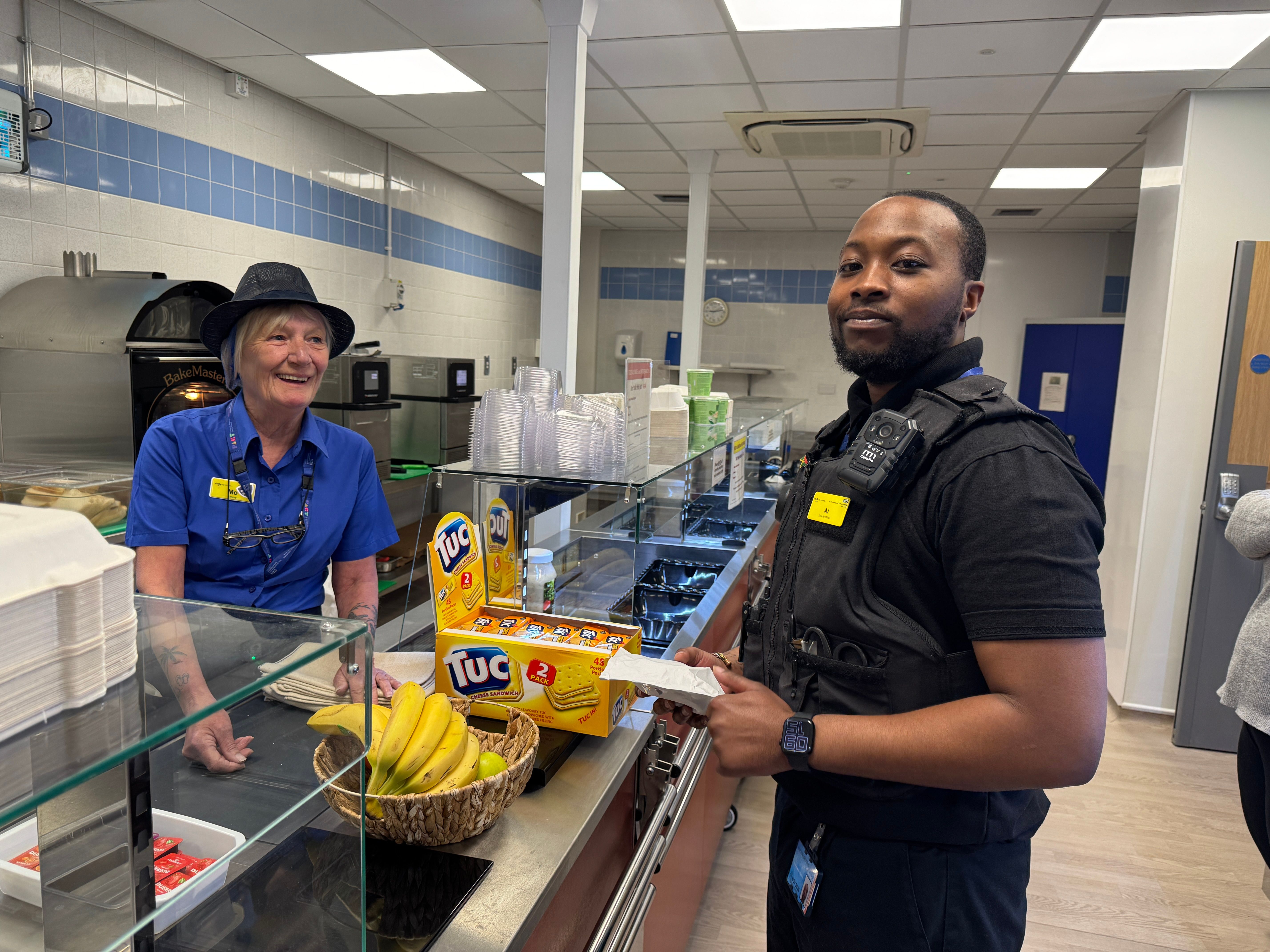 The new Apley Food Hub at the Princes Royal Hospital in Telford. Pictured is Mo Robson with AJ, security officer.