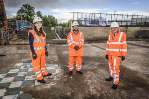 Councillor Brigid Jones, apprentice Haroon Sajad and Mayor Andy Street view the progress on the station site