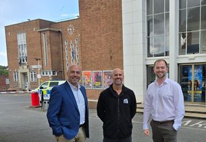 Cllr Wayne Little, Andy Gray of DCVS and Cllr Adam Davies outside Brierley Hill Civic Hall