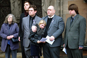 Jill's husband Gavin Drake comforts his neice Aleasha Lancaster, aged 13, with Gavin's mum Jean Drake, and sons Fergus, Myles and Rory