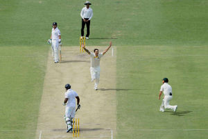 England's Michael Carberry loses his wicket to the bowling of Australia's Mitchell Johnson