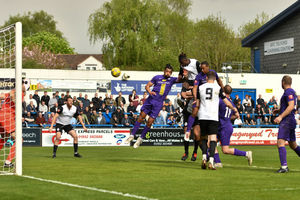Orrin Pendley ended the season in fine goalscoring form and his header against Royston Town secured the Bucks home advantage against Halesowen Town in the play-off semi-finals (Picture: Kieren Griffin Photography)