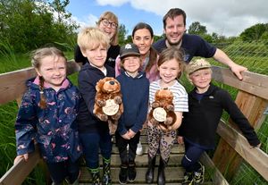 Children from Coleham Primary School visit the Old River Bed in Shrewsbury after winning a competition to name the two new beavers Bertie and Beryl. Pictured with the children are Helen O'Connor from Shropshire Wildlife Trust, teacher Georgie Cox and Max Ball, communications officer at Shrewsbury Town Council