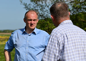 Liberal Democratic Party leader Ed Davey and North Shropshire MP Helen Morgan visit Bentley Farm, Noneley, to discuss the challenges farmers face with Neil Brown