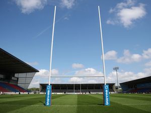 General view of Salford Community Stadium, with the goalposts in the foreground